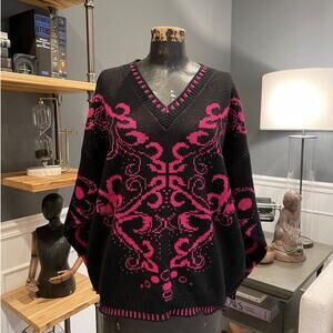 80s Ellen D, Black-Pink, Sweater, Pullover, V Neck, Floral, Long Sleeve, Warm,